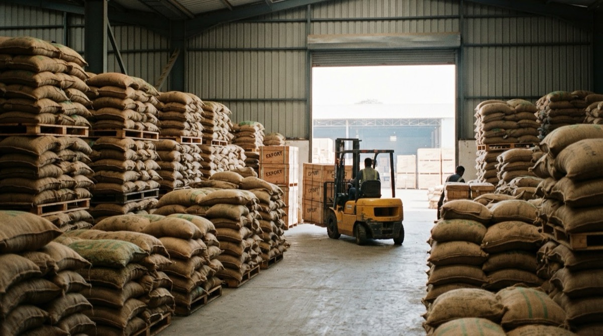 A warehouse filled with bags of cumin and coriander seeds, stacked high, with a forklift moving boxes labeled 'Export' outside the door.