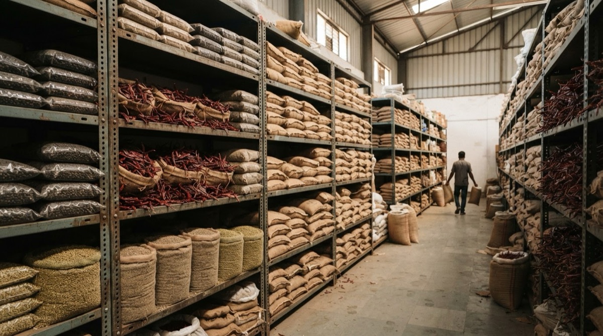 A warehouse filled with bags of pepper, dried chillies, cumin, and coriander seeds lined up neatly on shelves.