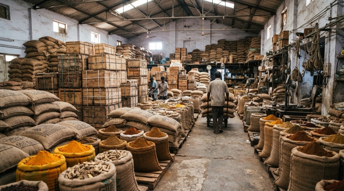 A warehouse filled with burlap sacks of turmeric, ginger, saffron, and curry blends in India, with crates neatly stacked awaiting shipment.