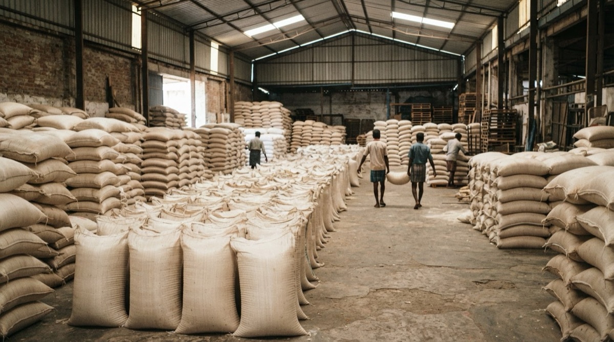 Plain unmarked sacks of rice line the floor of an Indian warehouse.