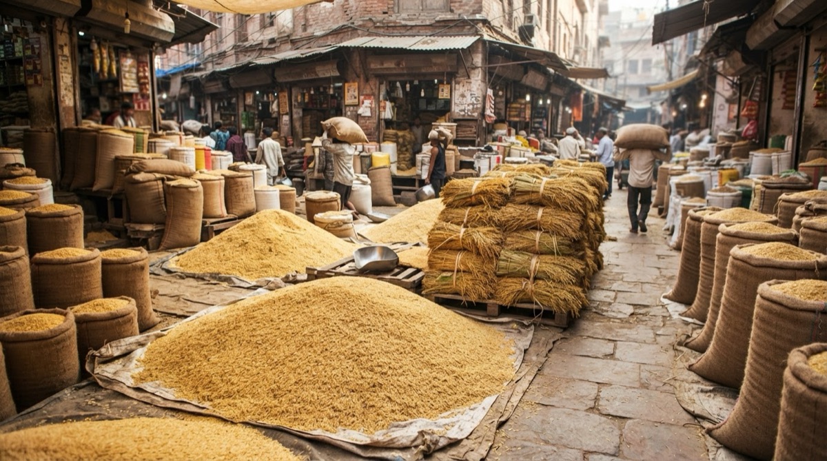 A bustling Indian wholesale spice market (mandi) displays vast piles of golden rice grains, some tied in neat bundles, highlighting the significant