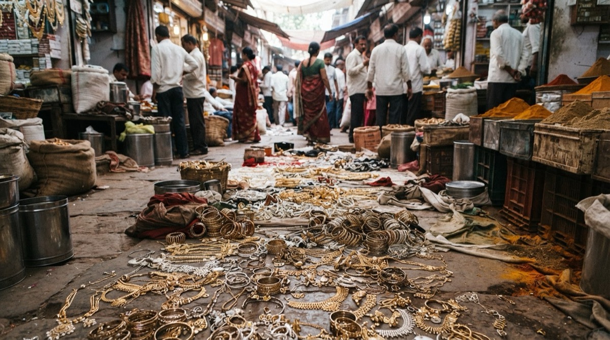 A bustling Indian wholesale spice market floor is covered in golden and silver jewellery pieces, showcasing a diverse array of necklaces, bangles, and
